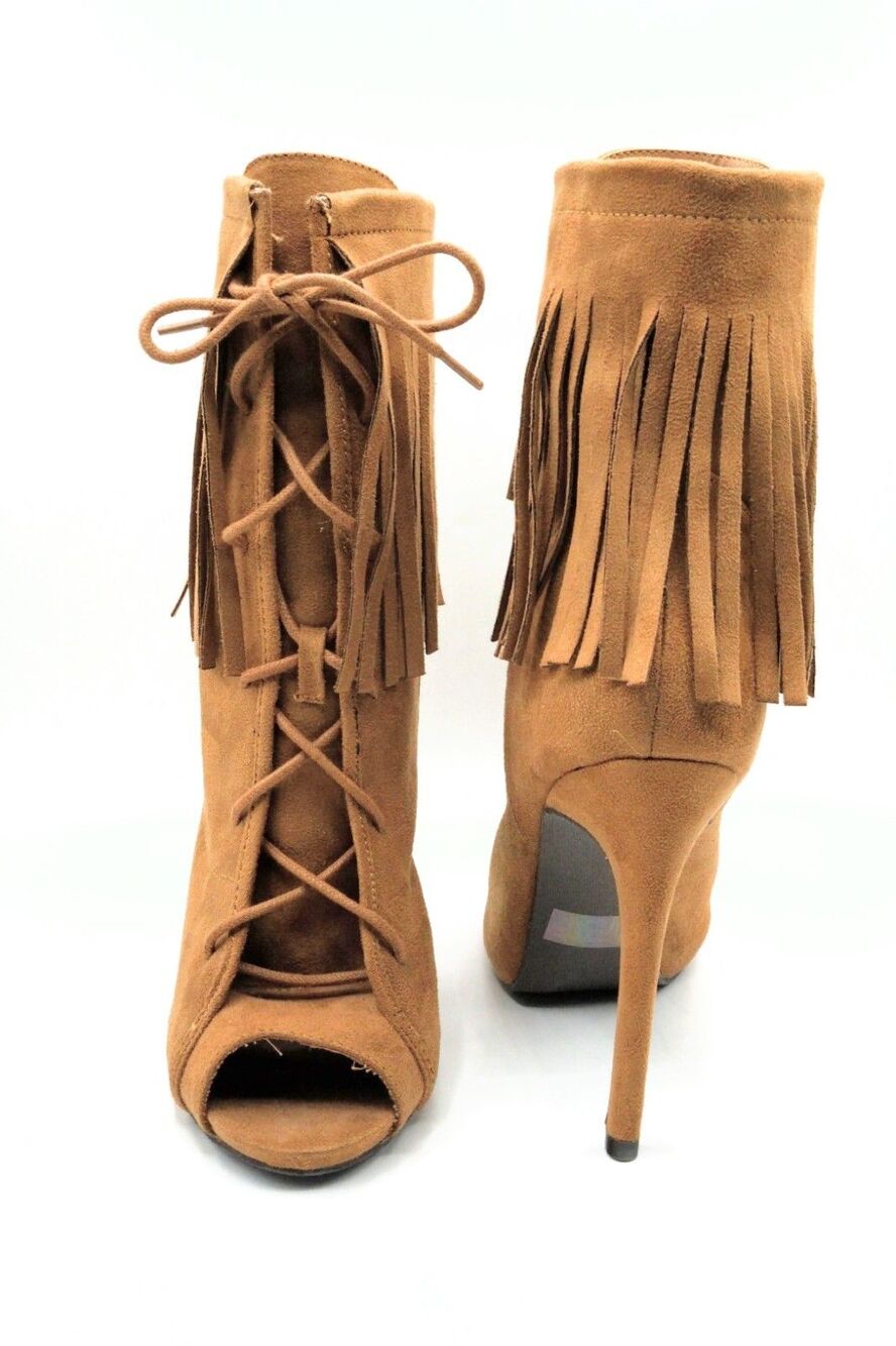 Wild Diva Faux Suede Fringe Lace-Up Open Toe Bootie Heels US 8.5